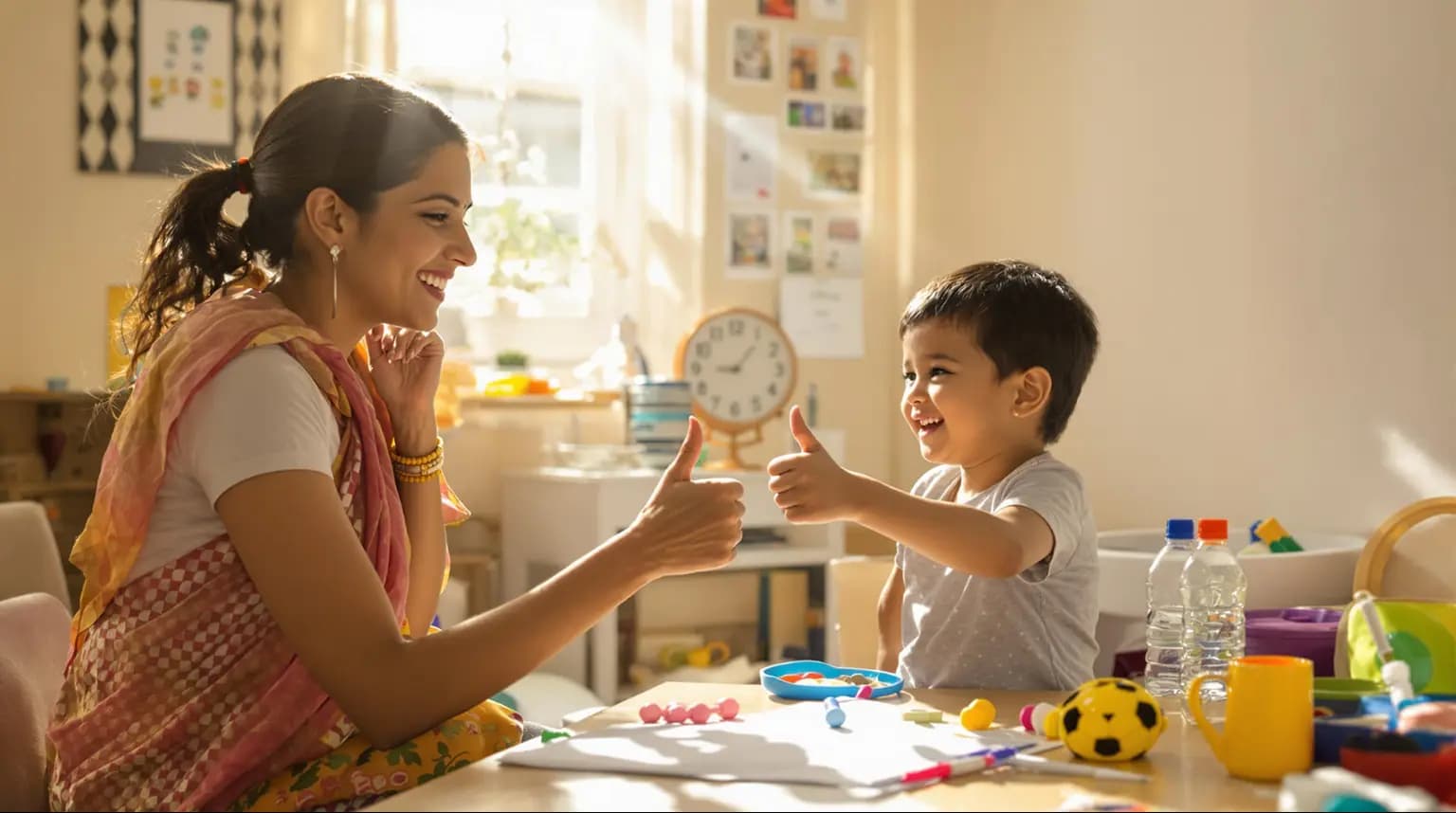 therapist and child smiling during a therapy activity